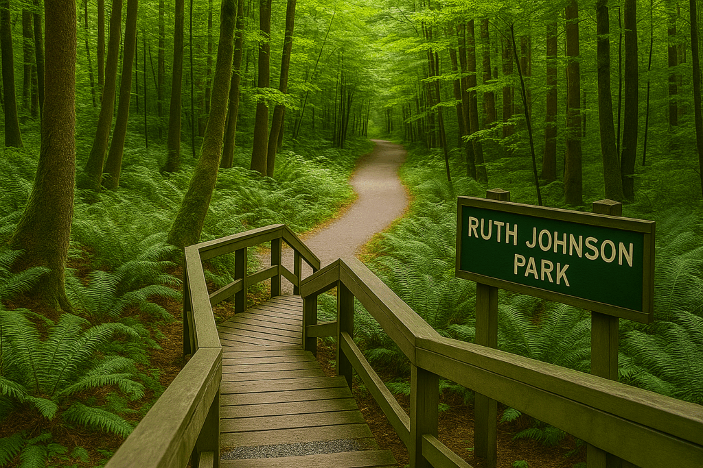 Wooden staircase descending through lush green forest in Ruth Johnson Park, bordered by ferns and tall trees, with a sign reading ‘Ruth Johnson Park’ beside the steps.