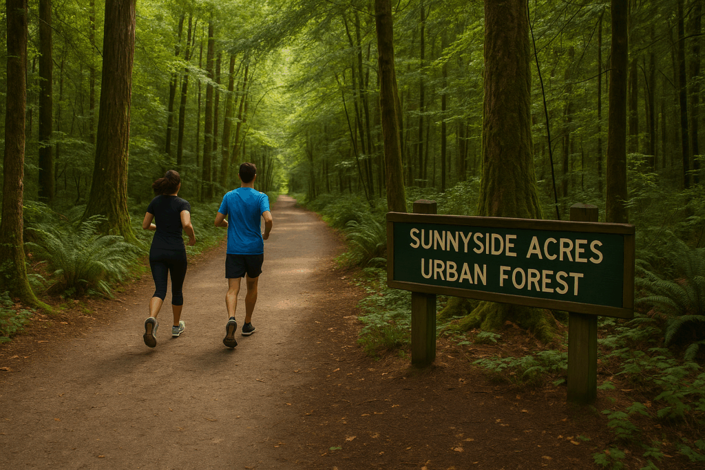 Two joggers run along a sun-dappled dirt path in Sunnyside Acres Urban Forest, surrounded by tall cedars, ferns, and a wooden sign that reads ‘Sunnyside Acres Urban Forest.