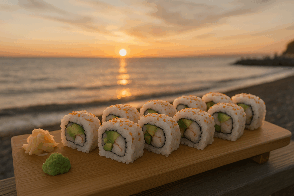 Sushi in White Rock view of sunset
