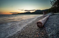 Discover tranquility with a sunset view of driftwood on a Vancouver Island beach.