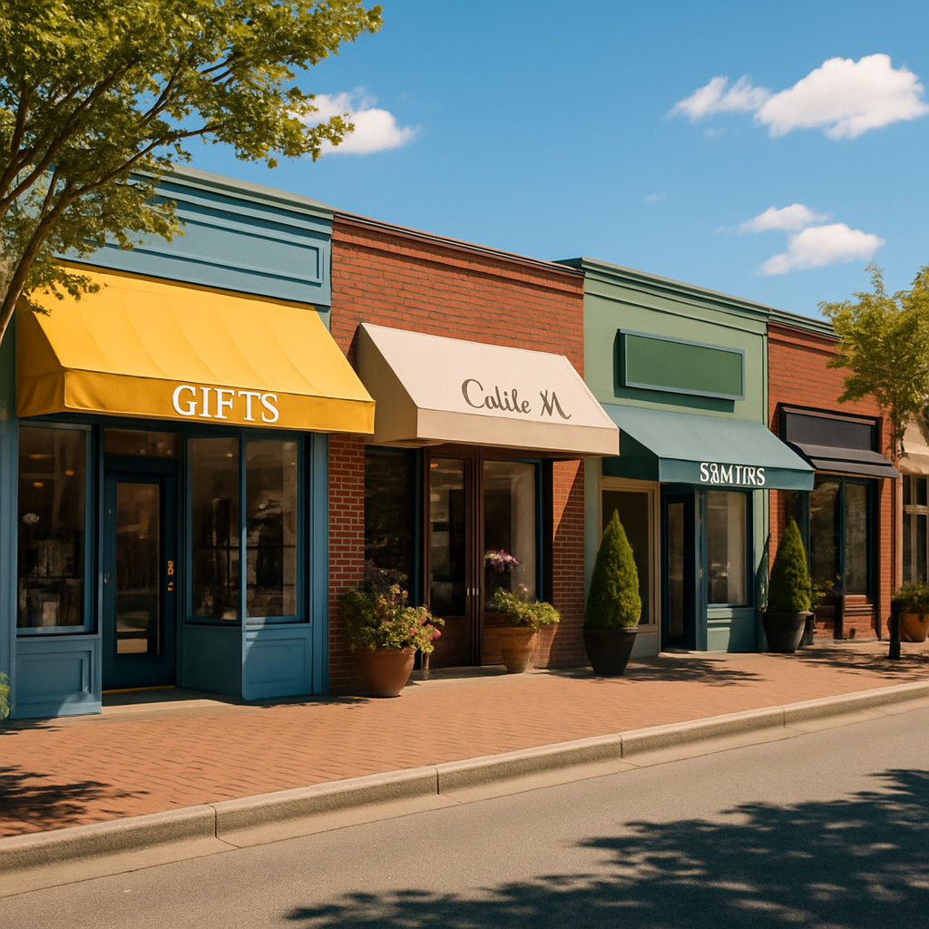 Charming Small Shopfronts in White Rock BC – Midday Street View with Awnings and Brick Path