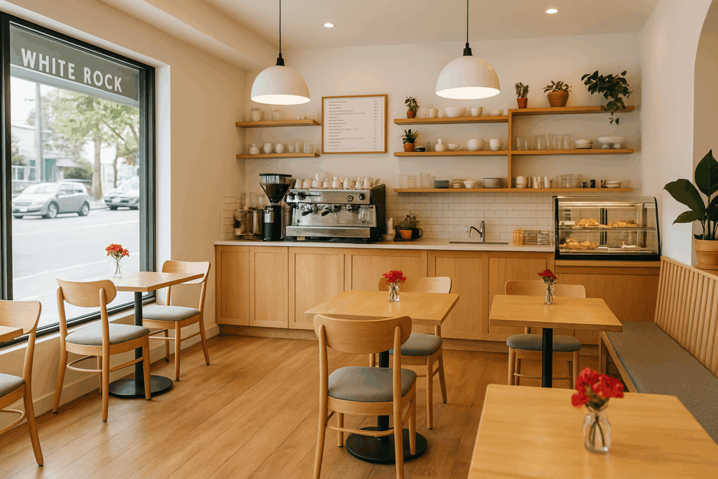 Cozy Café Interior in White Rock BC – Light Wood Design & Fresh Pastries