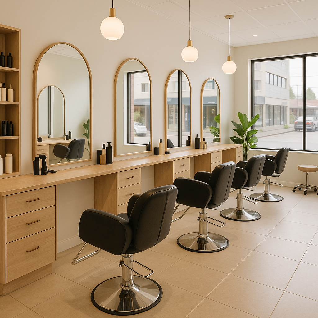 Modern Hair Salon in White Rock BC – Bright, Minimalist Interior with Styling Stations