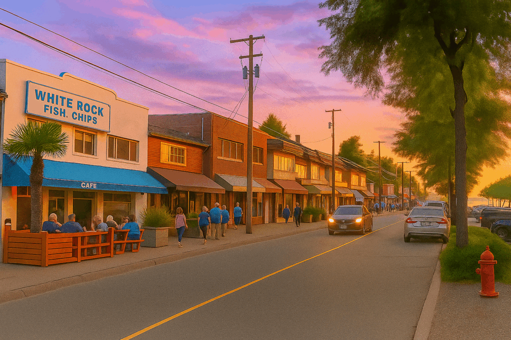 Sunset at White Rock Fish Chips – A Local Favourite on Marine Drive About Photograph of White Rock Fish & Chips at sunset, with a vibrant pink and purple sky over Marine Drive. Locals sit at outdoor tables while others walk past storefronts and parked cars along the tree-lined street near the waterfront.