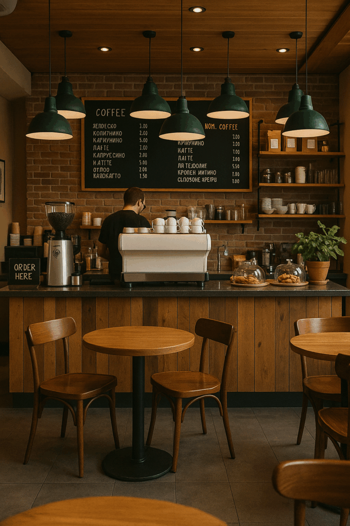 Warm Coffee Shop Interior in White Rock BC – Wood, Brick, and Ambient Lighting