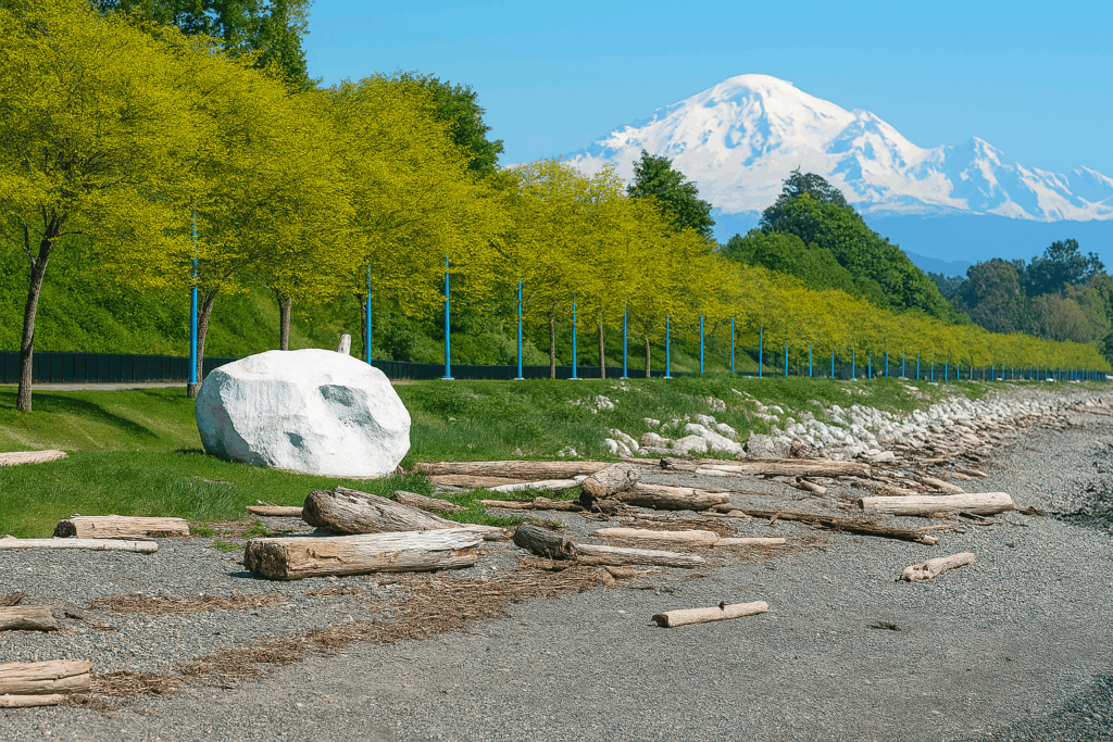 Photograph of White Rock Beach featuring smooth driftwood on a pebble shoreline, a row of bright green trees with blue lampposts, a large white rock, and Mount Baker visible in the background under a clear blue sky.