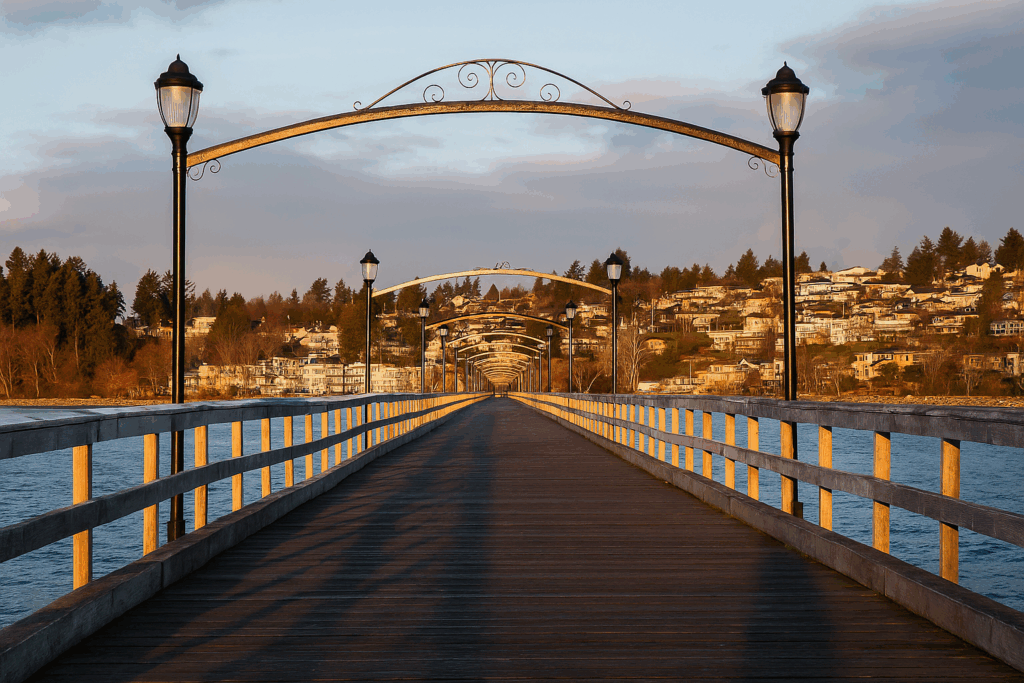 White Rock Pier at Sunset – Coastal Viewpoint in British Columbia About Photograph of White Rock Pier at sunset, showing a long wooden walkway with black lamp posts and arched frames, leading toward hillside homes under a golden sky.