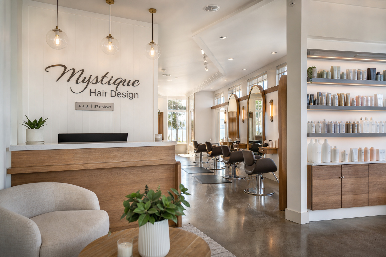 Mystique Hair Design on Marine Drive with evening salon lighting and coastal decor
