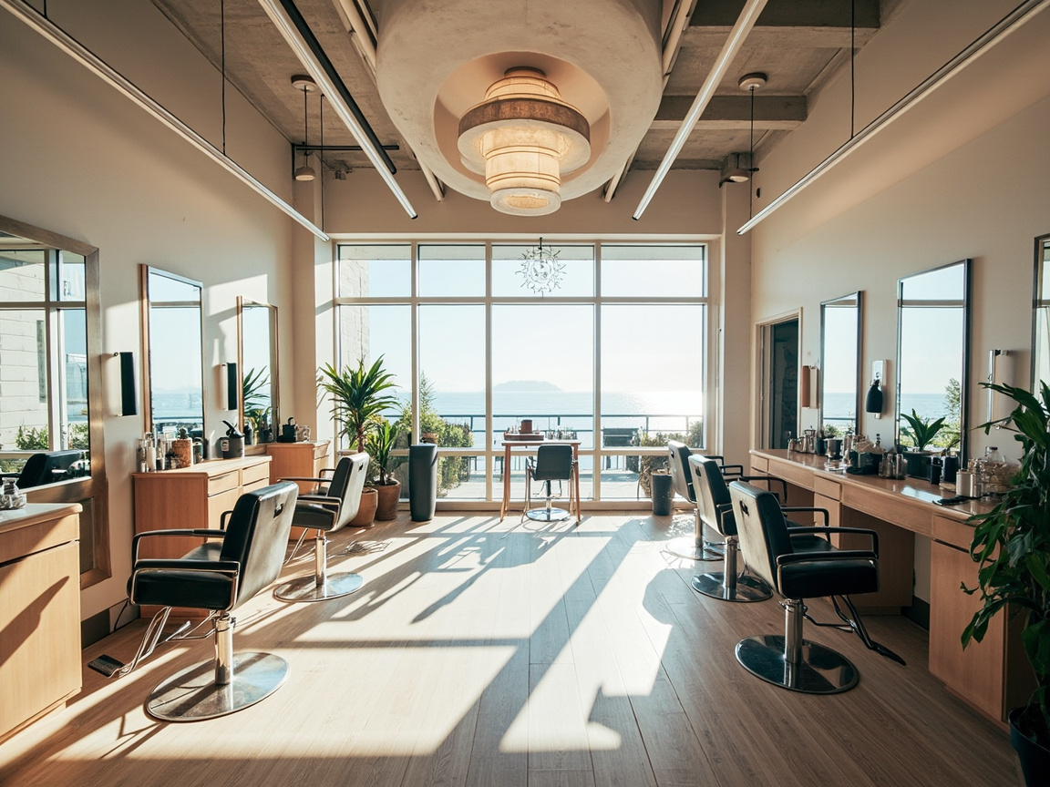 White Rock hair salon interior with coastal light, modern styling chairs and mirrors