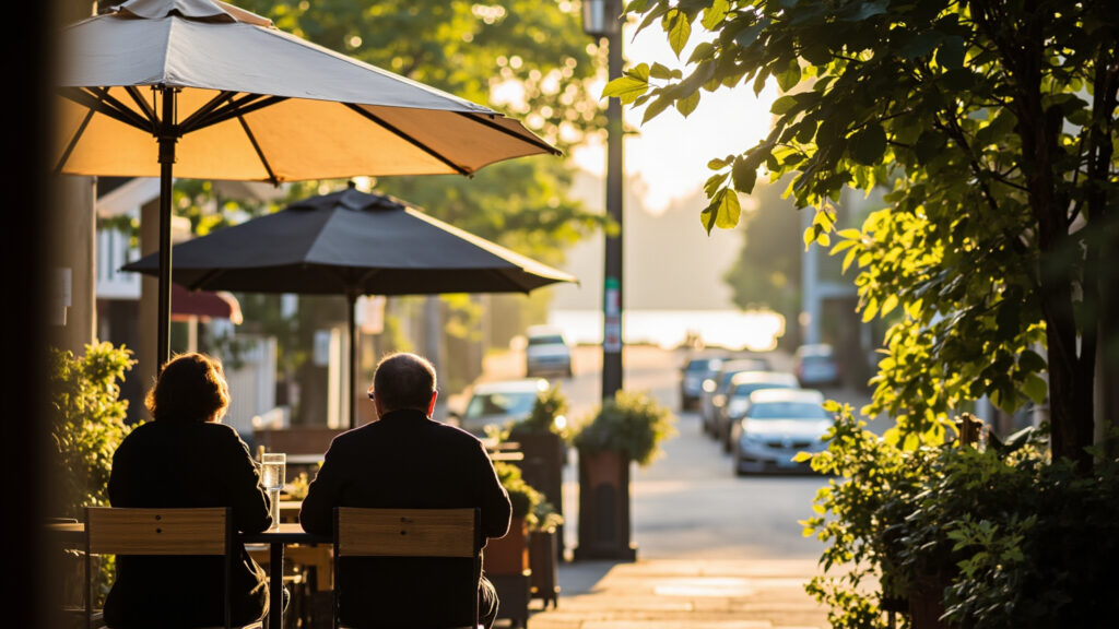 Two people from behind at outdoor bistro patio in White Rock uptown