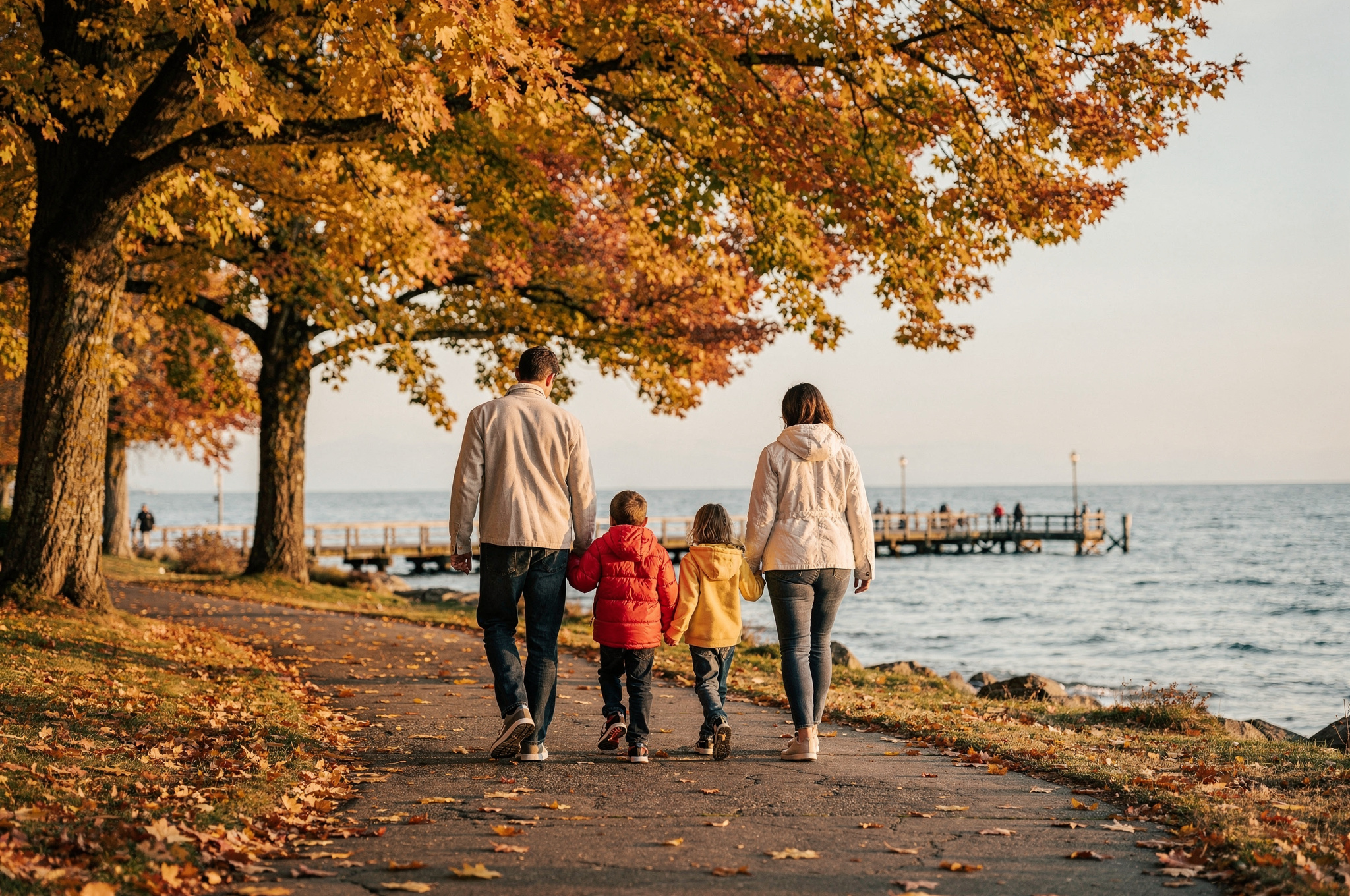 family walking along a White Rock waterfront path in autumn