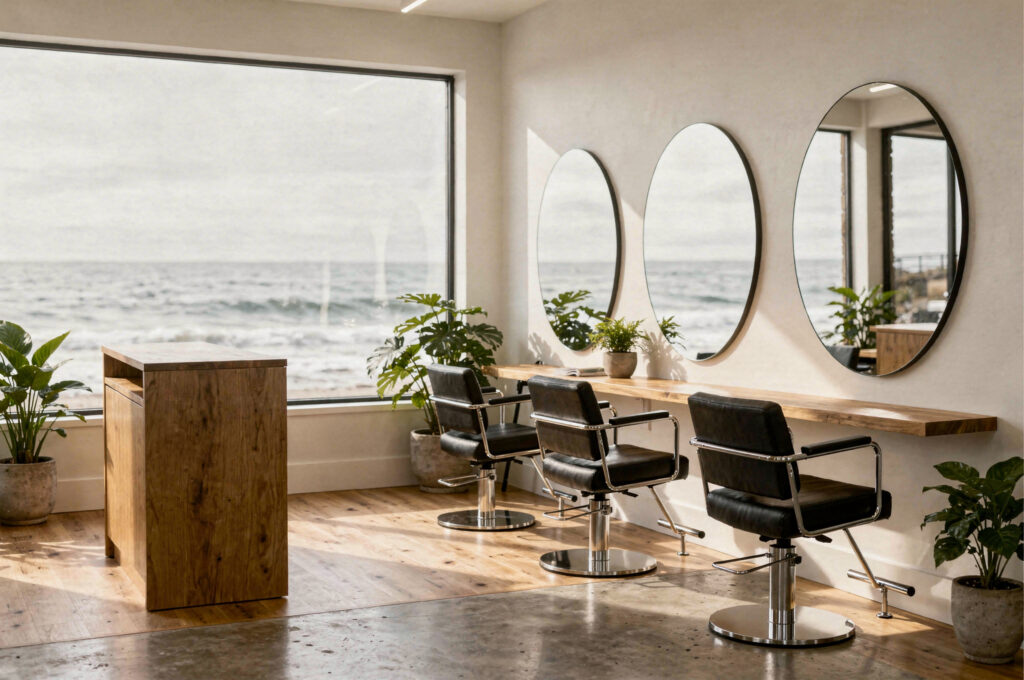 White Rock hair salon interior with ocean view windows, styling chairs and mirrors