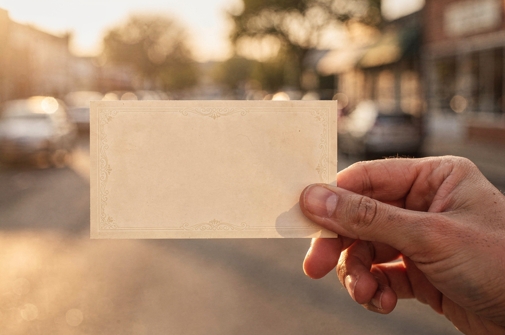 blank gift voucher card held up on a sunlit White Rock shopping street