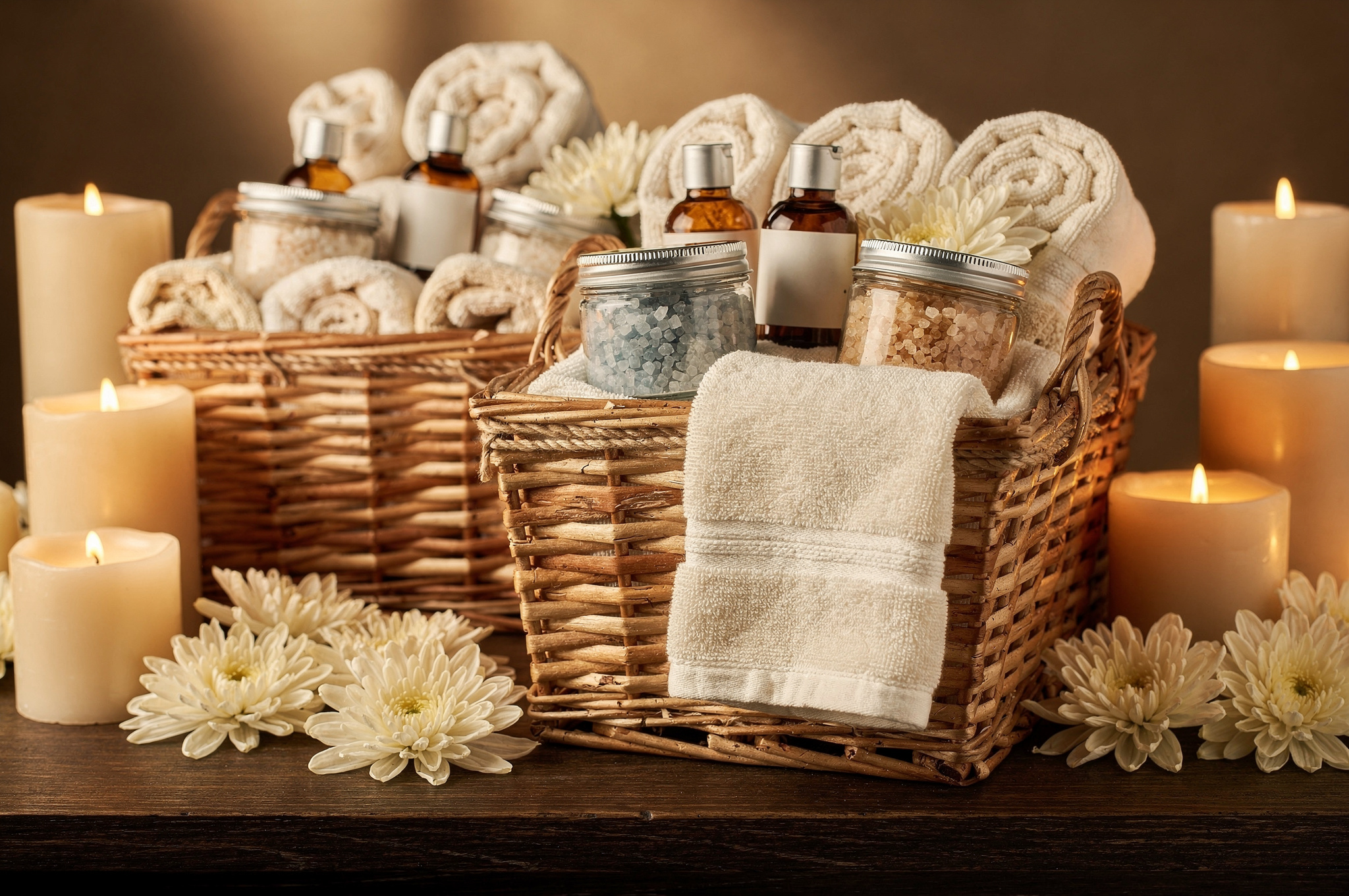 spa gift baskets with towels and bath salts