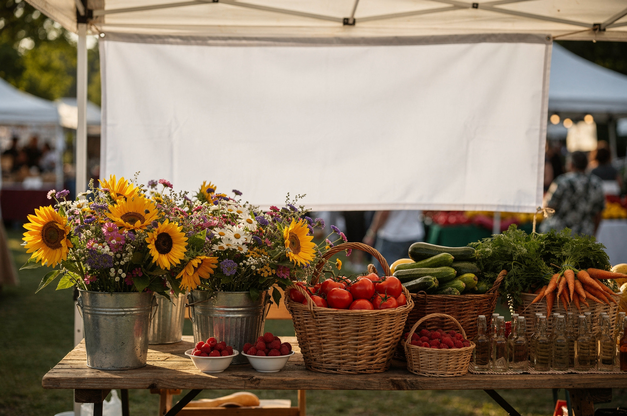 Fresh flowers and produce baskets at a White Rock BC farmers market stall