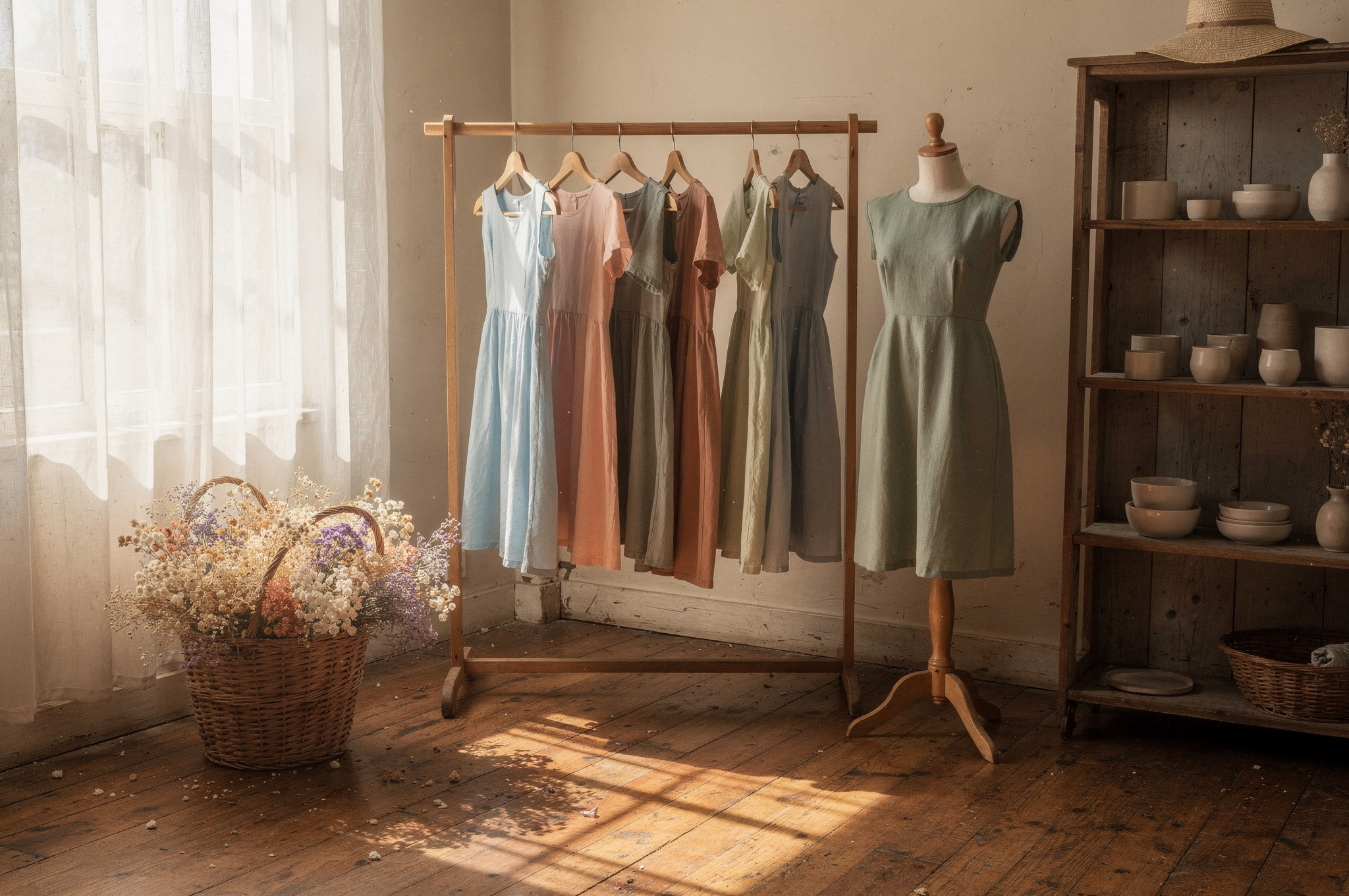 pastel vintage thrift shop interior with clothing rack