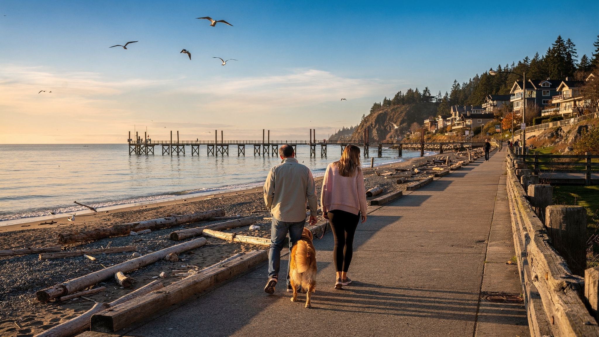 trail coastal v2 Best Nature Trails and Walks Around White Rock BC A couple walks a golden retriever away from the camera along the White Rock waterfront promenade, with driftwood, a pier, and hillside homes behind them