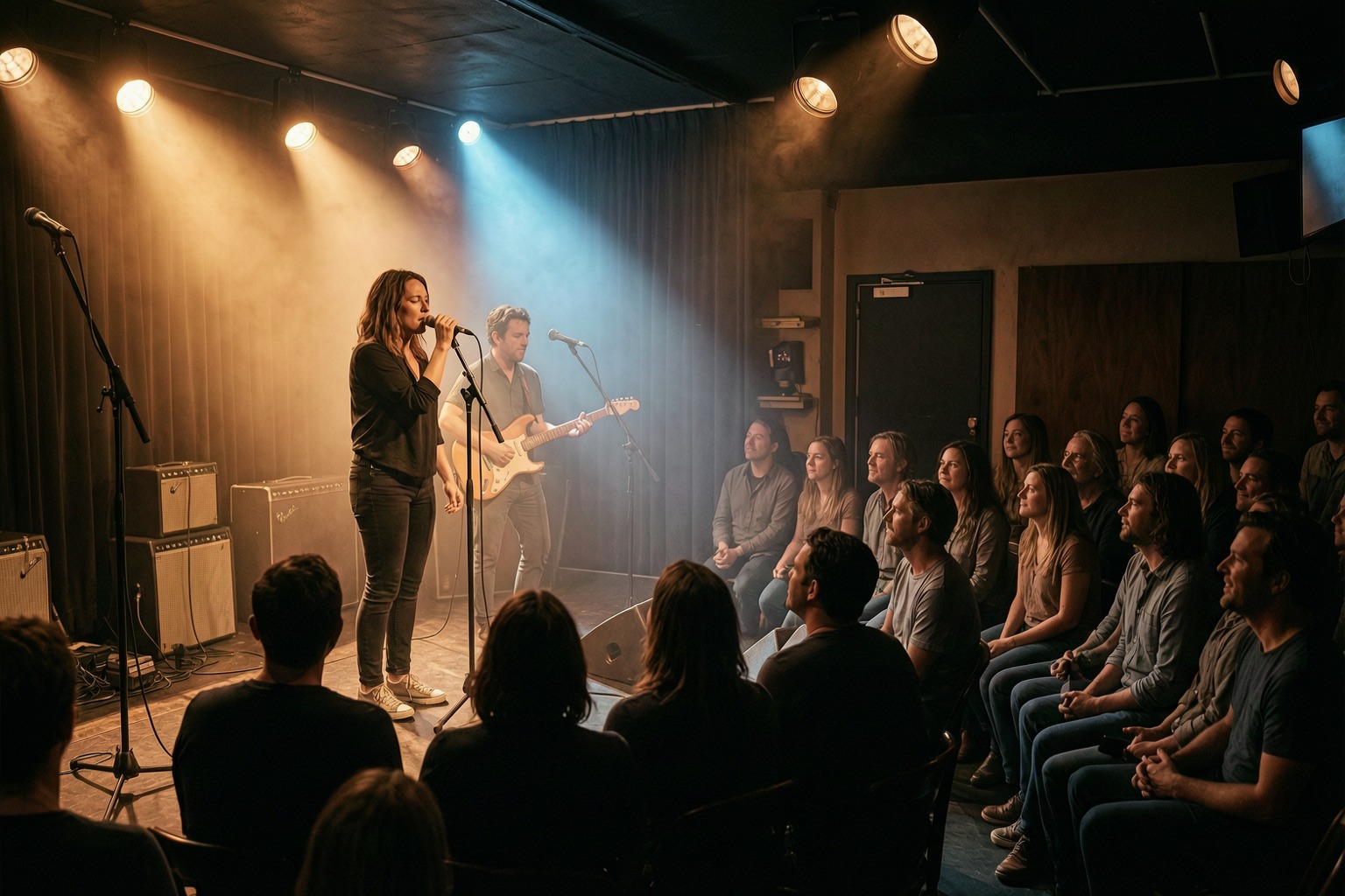 A band performing on a dimly lit stage at a local live music venue in White Rock BC