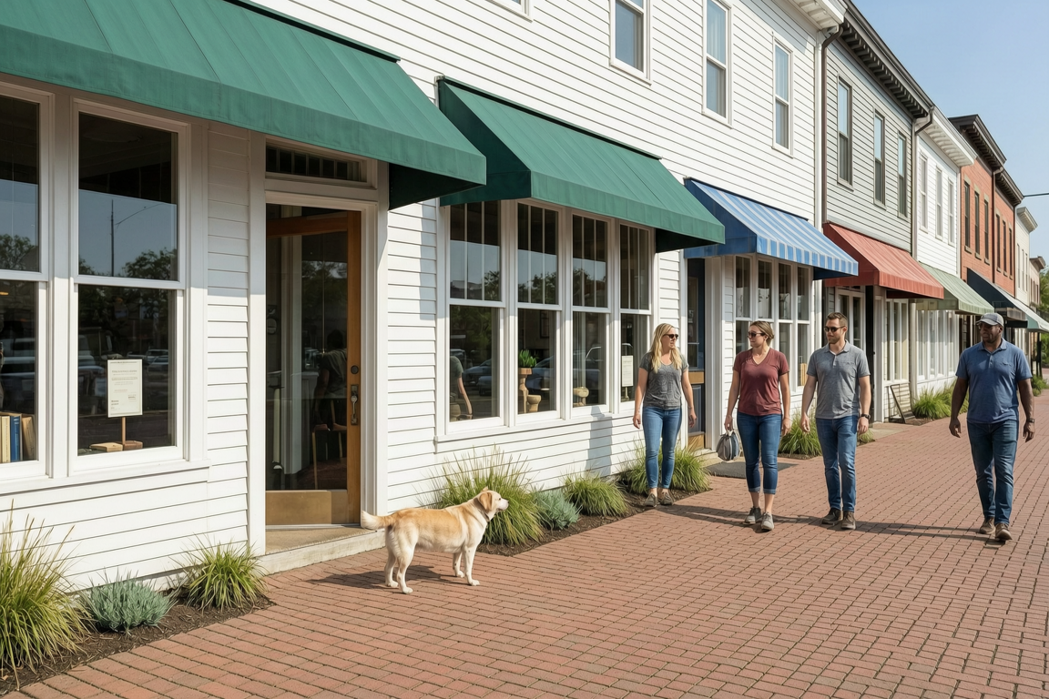 Charming Small Shopfronts in White Rock BC – Midday Street View with Awnings and Brick Path