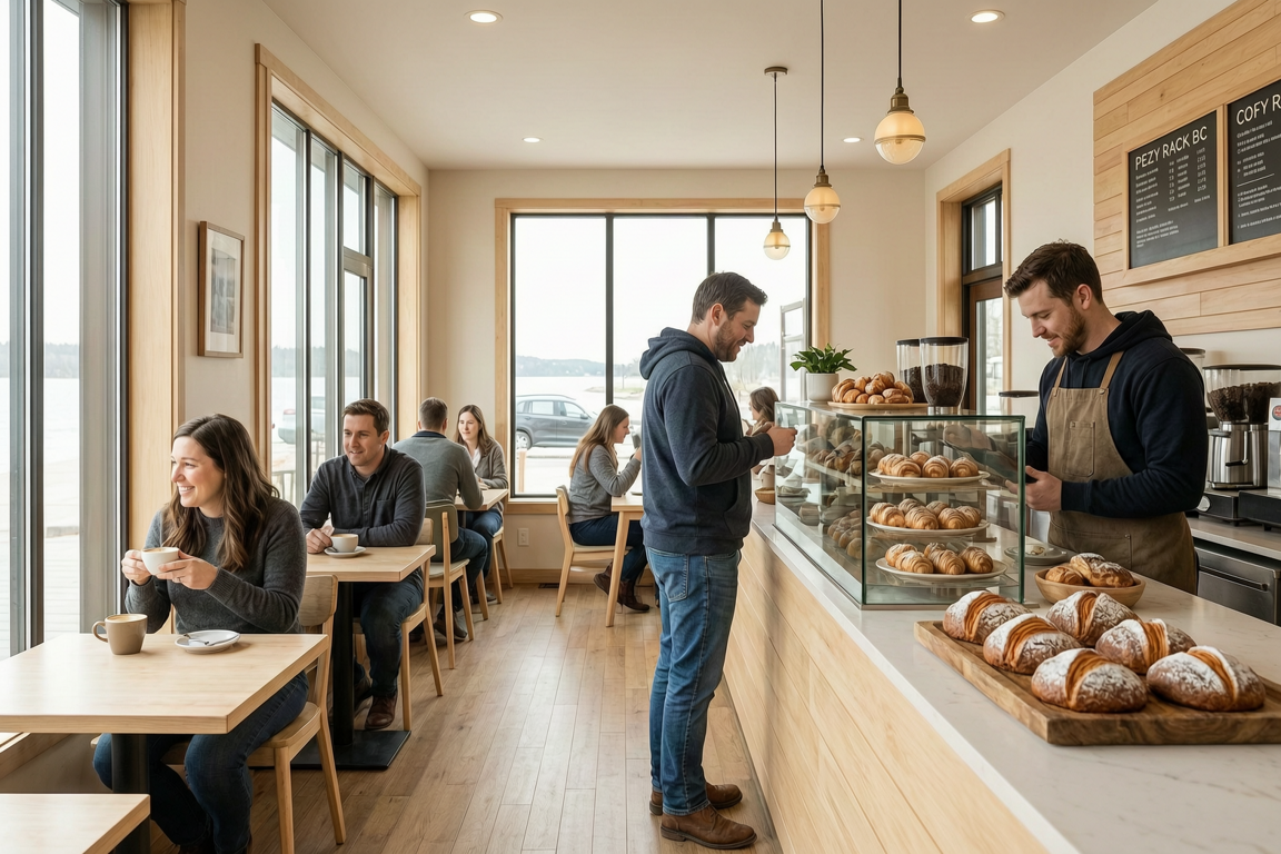 Cozy Café Interior in White Rock BC – Light Wood Design & Fresh Pastries