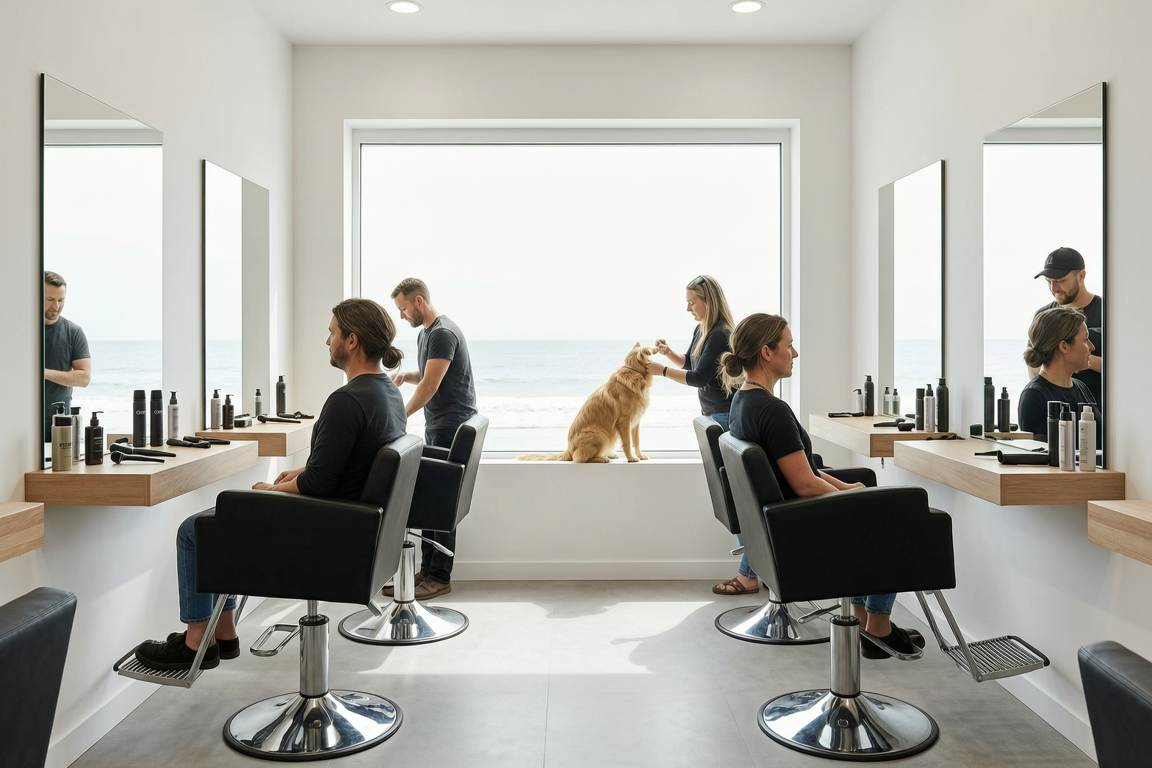 Modern Hair Salon in White Rock BC – Bright, Minimalist Interior with Styling Stations