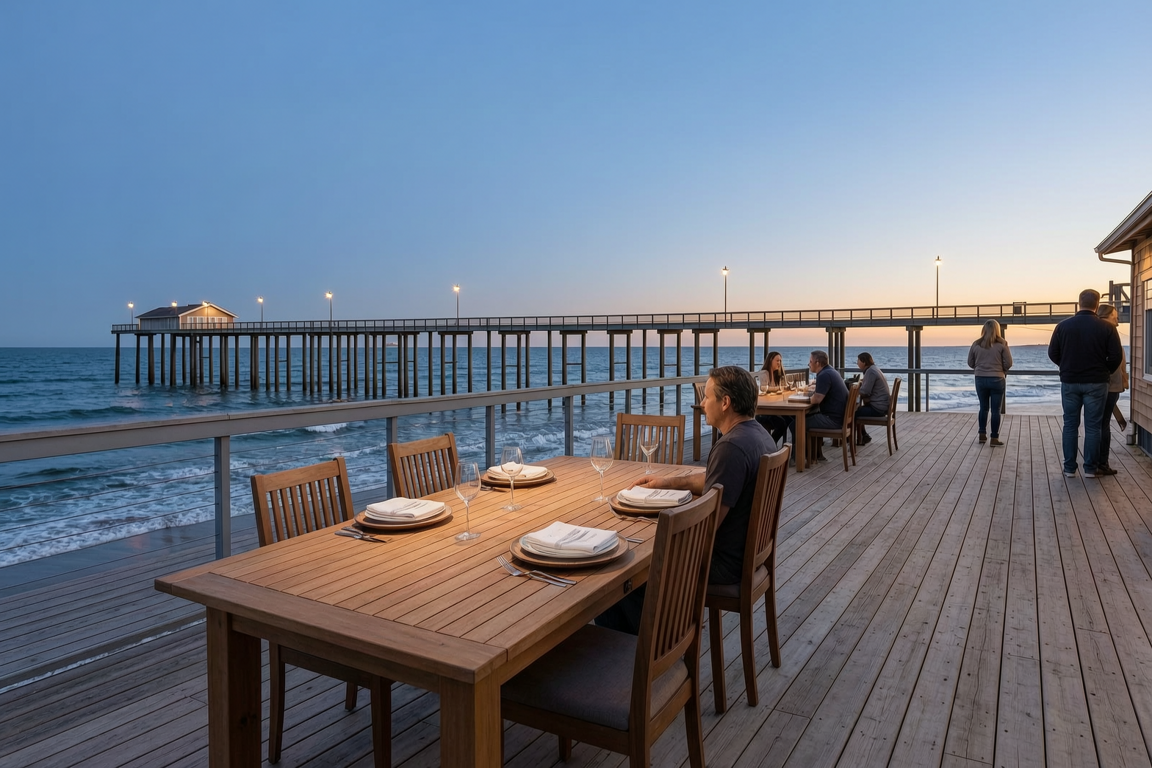 Oceanview Dining Patio in White Rock BC – Pier and Seaside Ambience at Dusk