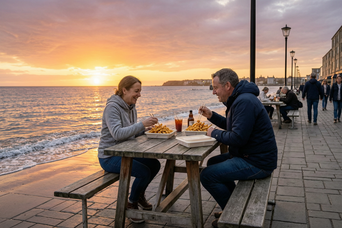 Sunset at White Rock Fish Chips A Loc v3 About Photograph of White Rock Fish & Chips at sunset, with a vibrant pink and purple sky over Marine Drive. Locals sit at outdoor tables while others walk past storefronts and parked cars along the tree-lined street near the waterfront.