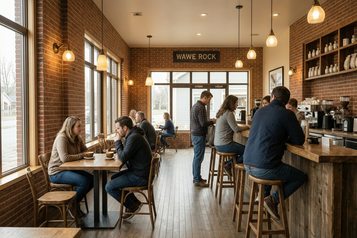 Warm Coffee Shop Interior in White Rock BC – Wood, Brick, and Ambient Lighting