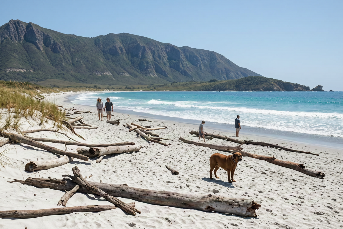 Photograph of White Rock Beach featuring smooth driftwood on a pebble shoreline, a row of bright green trees with blue lampposts, a large white rock, and Mount Baker visible in the background under a clear blue sky.