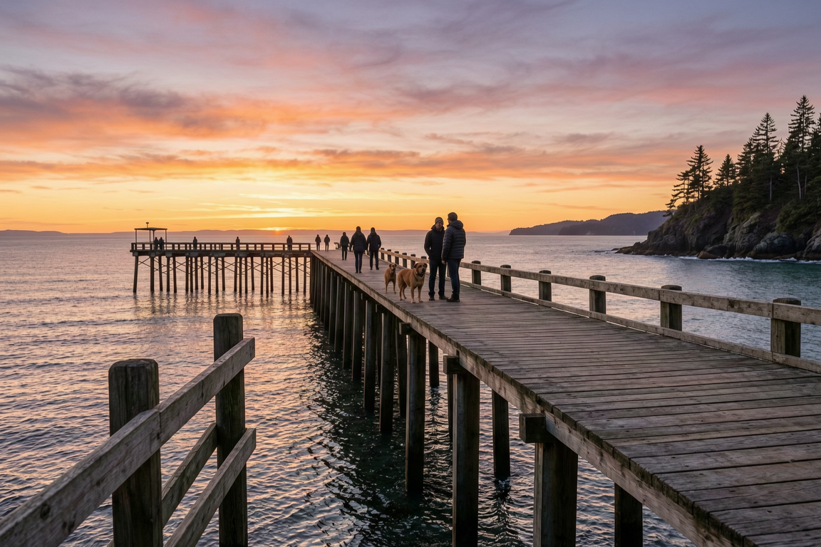 White Rock Pier at Sunset Coastal Vie v3 About Photograph of White Rock Pier at sunset, showing a long wooden walkway with black lamp posts and arched frames, leading toward hillside homes under a golden sky.