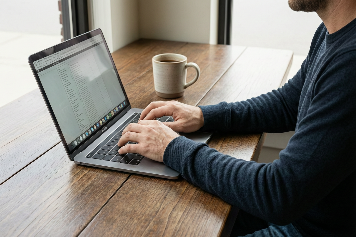person typing on macbook pro on brown v3 Contact
