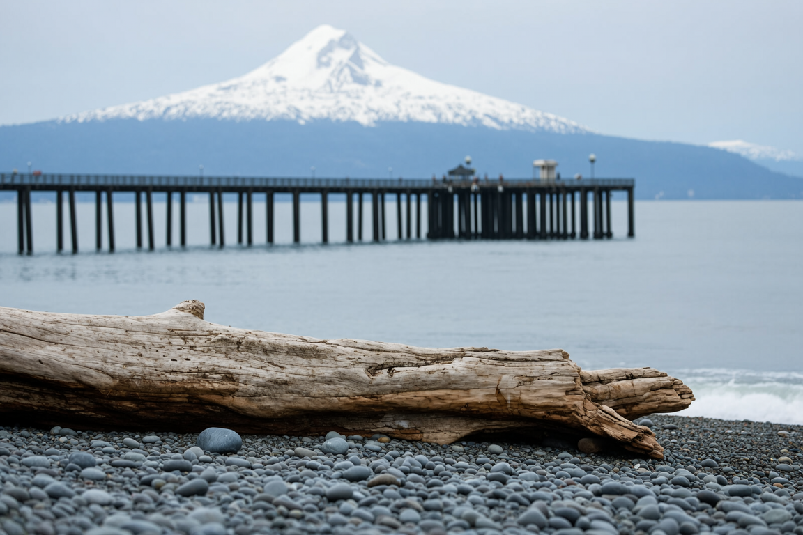 White Rock Beach with Driftwood and Mountain View – Scenic Coastal Landscape Photograph of White Rock Beach featuring smooth driftwood on a pebble shoreline, a row of bright green trees with blue lampposts, a large white rock, and Mount Baker visible in the background under a clear blue sky.