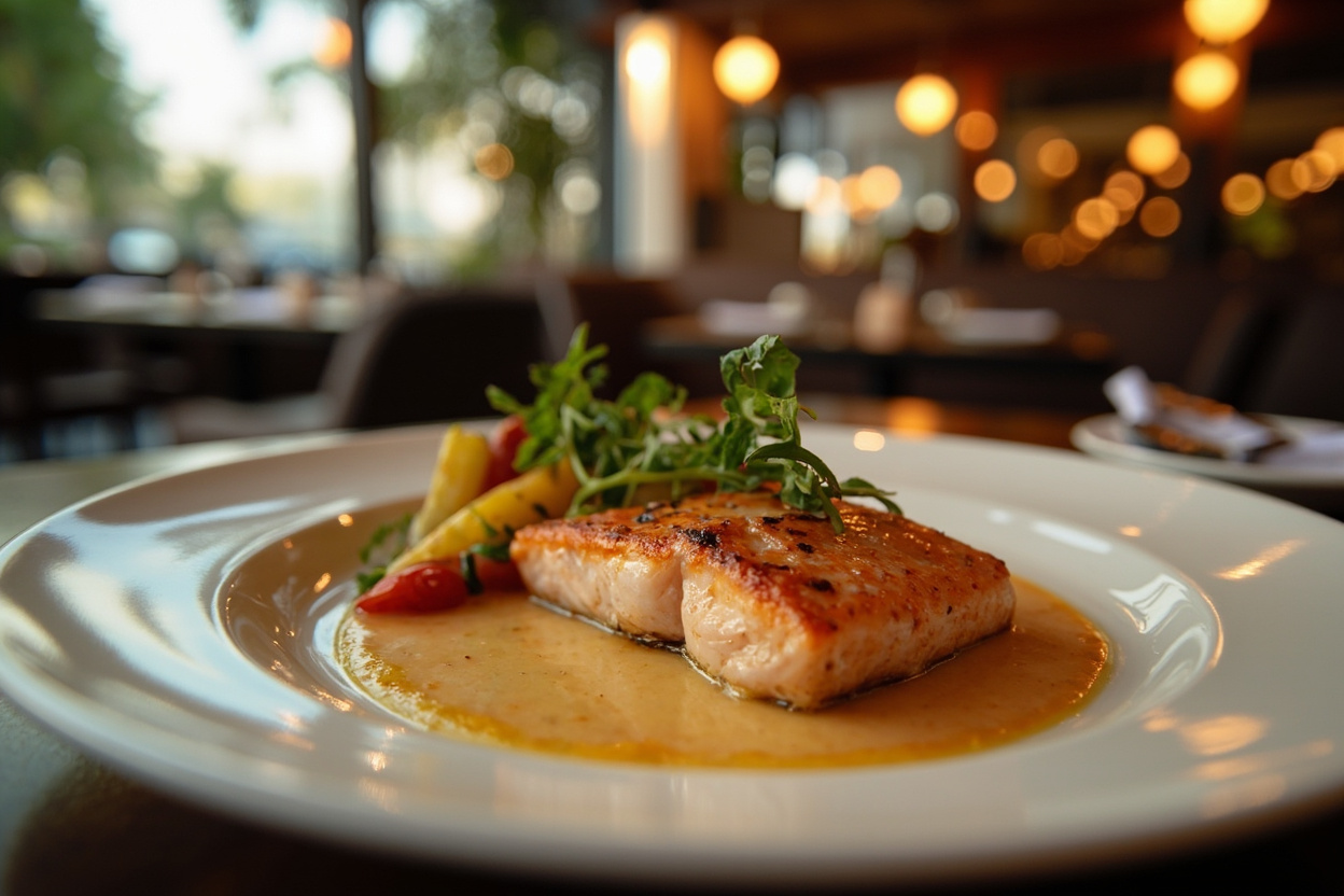 A plated seared salmon main course with seasonal vegetables