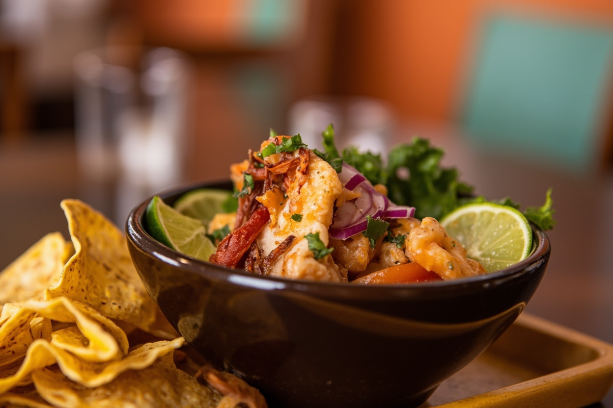 A seafood ceviche bowl with lime and red onion beside corn tortillas