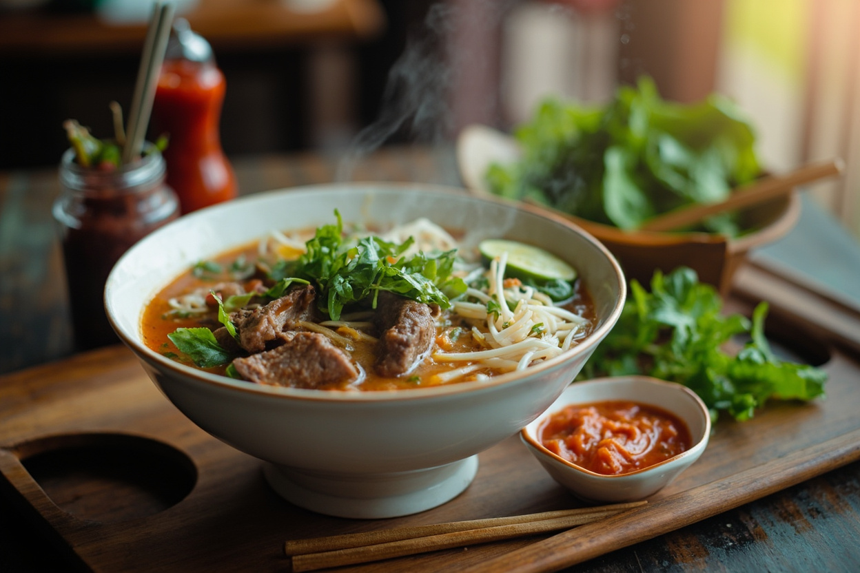 A steaming bowl of beef pho with rice noodles, herbs and lime