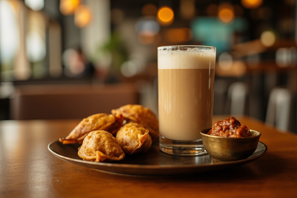 A glass of masala chai with samosas and chutney