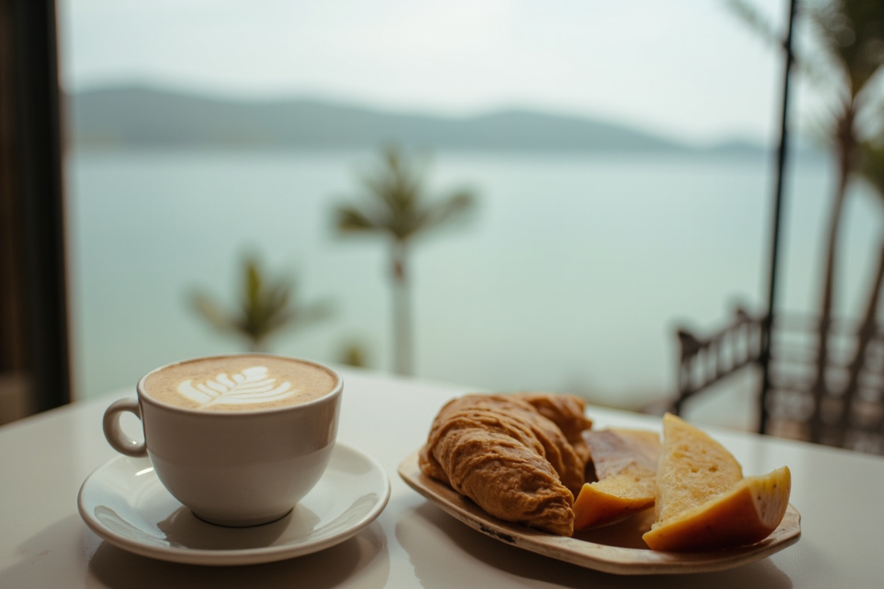 A latte with leaf art beside a croissant and fruit, seaside window behind