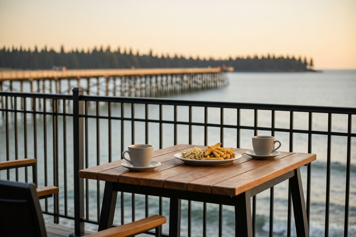 Oceanview Dining Patio in White Rock BC – Pier and Seaside Ambience at Dusk Oceanview Dining Patio in White Rock BC – Pier and Seaside Ambience at Dusk