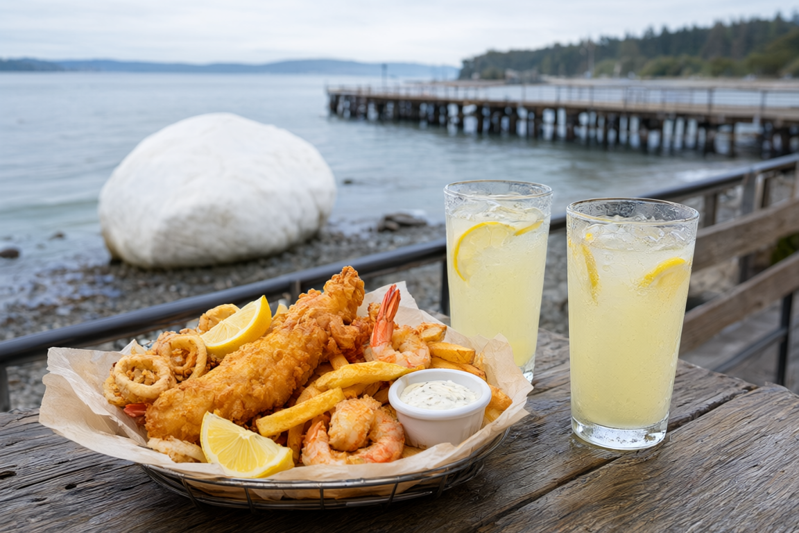 seafood fries and lemonades on a patio at Charlie Don't Surf, with the White Rock Pier over Semiahmoo Bay softly blurred behind