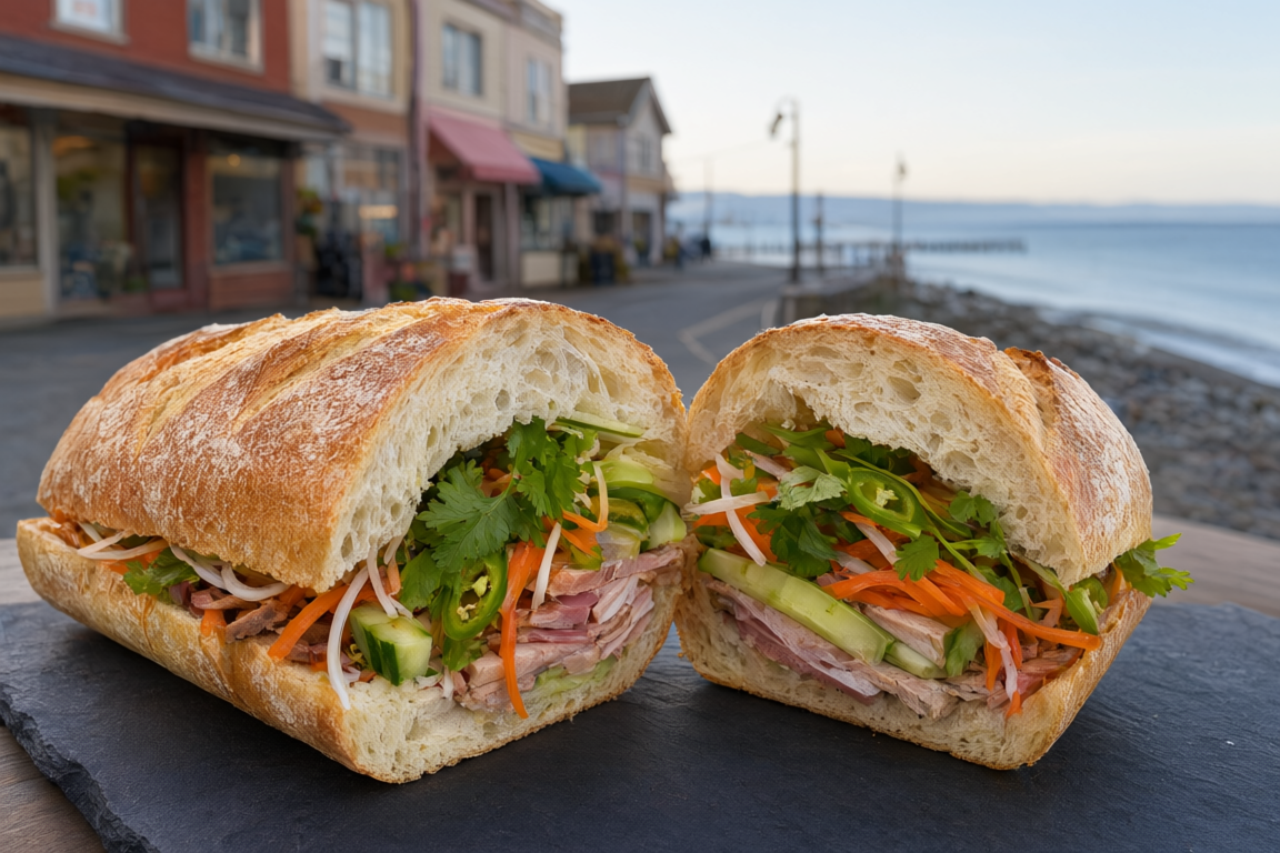 a cut banh mi with pickled vegetables and herbs at Banh Mi Tres Bon, with shopfronts on Johnston Road near the Marine Drive promenade softly blurred behind