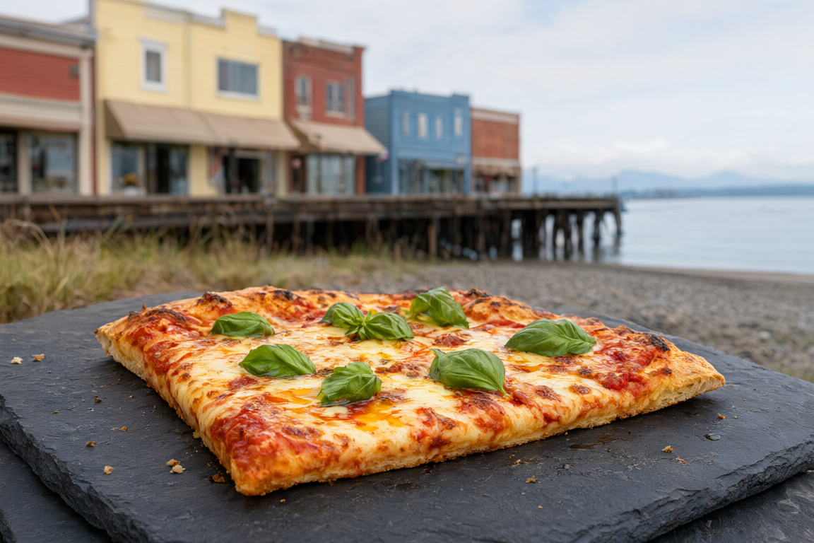 a square-cut Sicilian thin-crust pizza with basil at Emilio Finatti Sicilian Pizzeria, with Pacific Avenue storefronts with the beach and pier beyond softly blurred behind