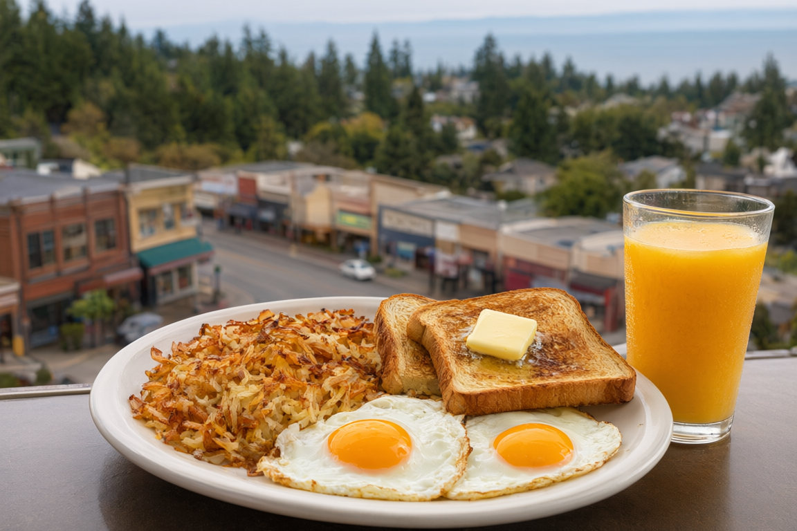 a diner plate of eggs, hash browns and toast at Five Corners Cafe, with the Five Corners junction on Johnston Road softly blurred behind