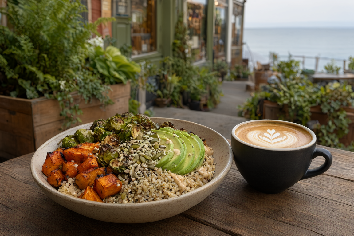 a plant-based grain bowl beside a latte at Grounds & Greens Café, with Johnston Road shopfronts with Semiahmoo Bay beyond softly blurred behind