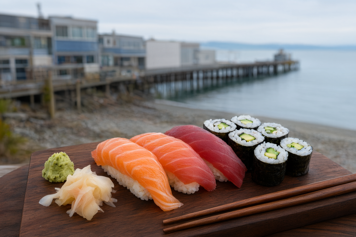 nigiri and maki rolls on a wooden board at Kakai Sushi, with Buena Vista Avenue with the White Rock Pier faint behind softly blurred behind