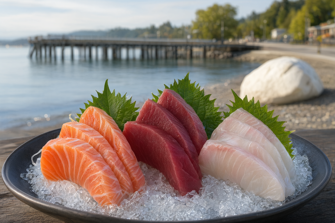 salmon, tuna and white fish sashimi on crushed ice at Sushi Iwa, with Marine Drive and the White Rock Pier softly blurred behind