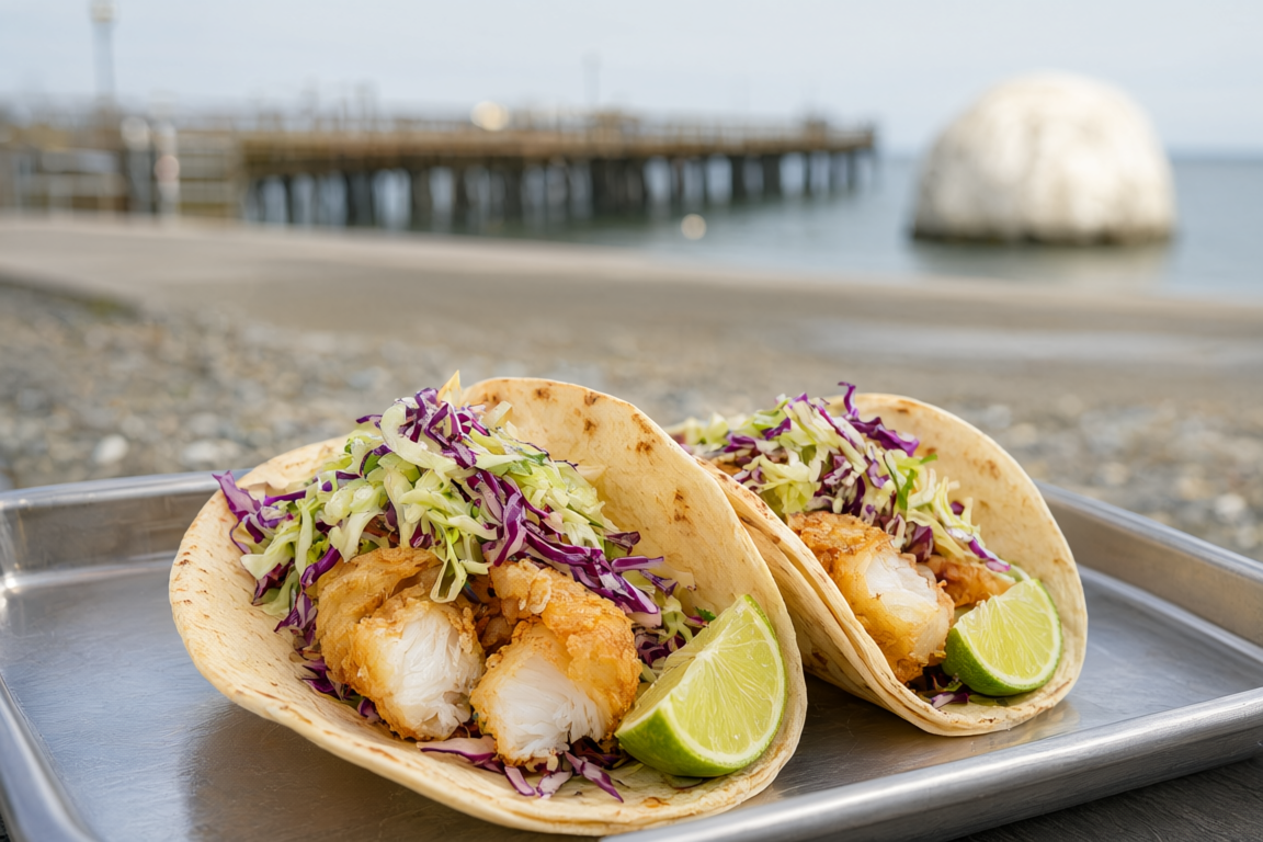 two soft-shell fish tacos with slaw and lime at Tacofino, with the beach approach off Johnston Road and the pier softly blurred behind