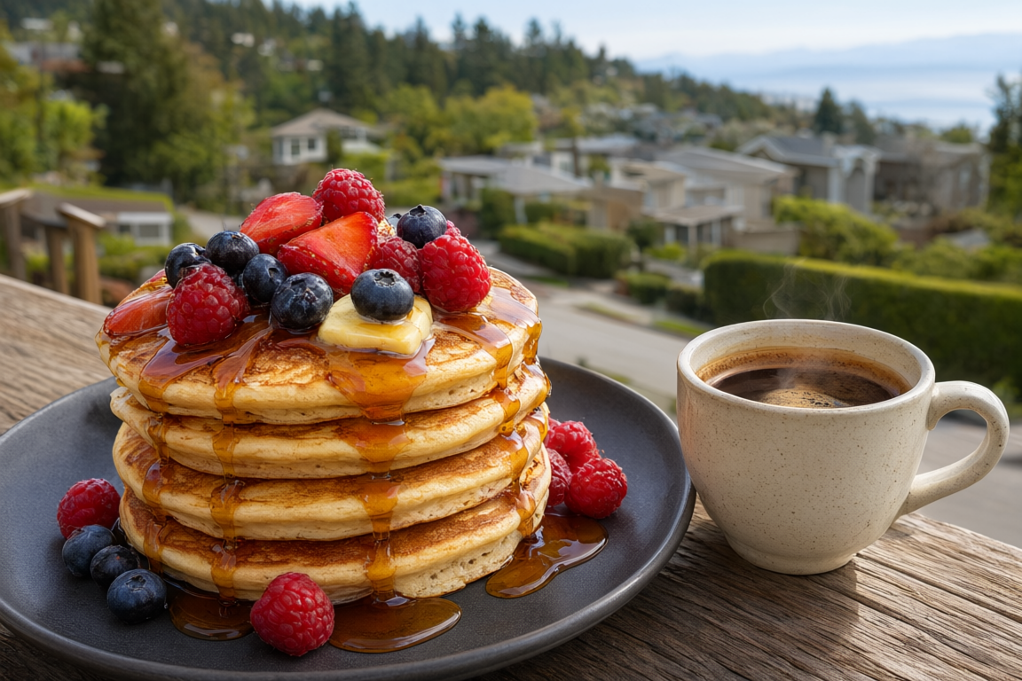 a stack of pancakes with berries and syrup at The Wooden Spoon, with a quiet hedged White Rock street with treed slopes softly blurred behind