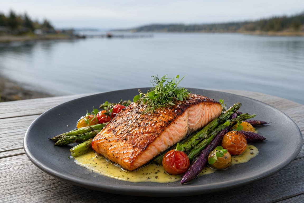 a plated seared salmon main course at White Rock Bistro, with eastern Marine Drive and the saltwater of Semiahmoo Bay softly blurred behind