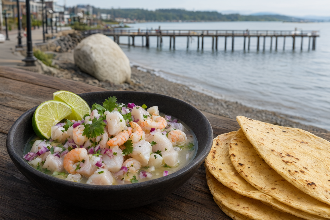 a seafood ceviche bowl with corn tortillas at Zapoteca Mexican Grill & Seafood, with Marine Drive storefronts with the pier beyond softly blurred behind