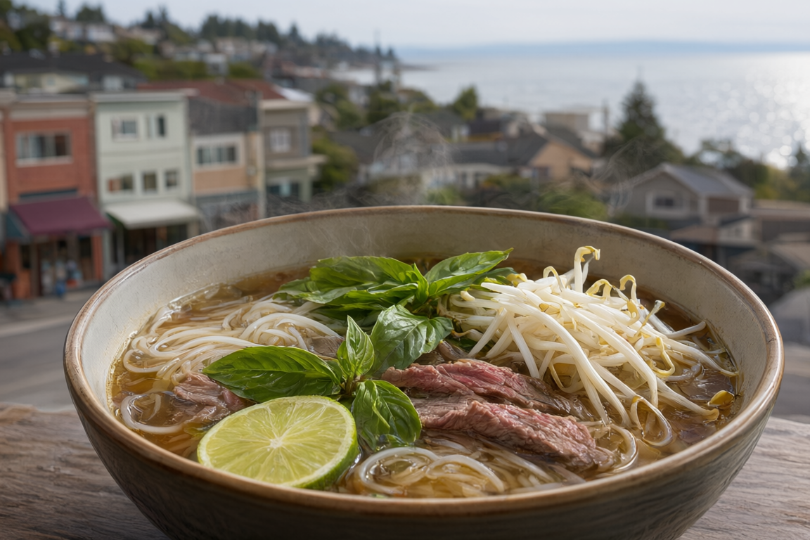 a steaming bowl of beef pho at 26 Viet Cafe, with Johnston Road shopfronts with hillside homes and the bay softly blurred behind